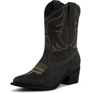 🆕 Black Faux Leather Western Cowgirl Ankle Boots Snip Toe Fashion Booties